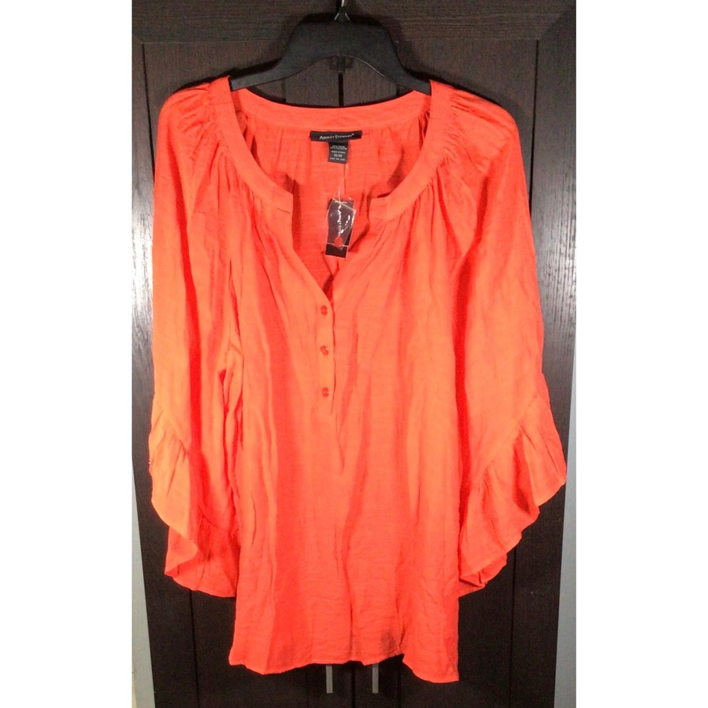 Ashley Stewart Womens Orange Henley Ruffle Cuff Blouse Size 14/16 NEW